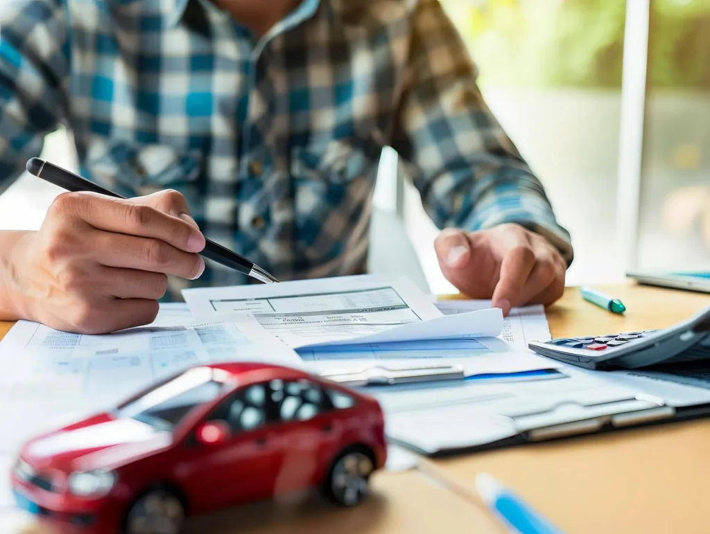 Persona realizando análisis financiero para un crédito vehicular