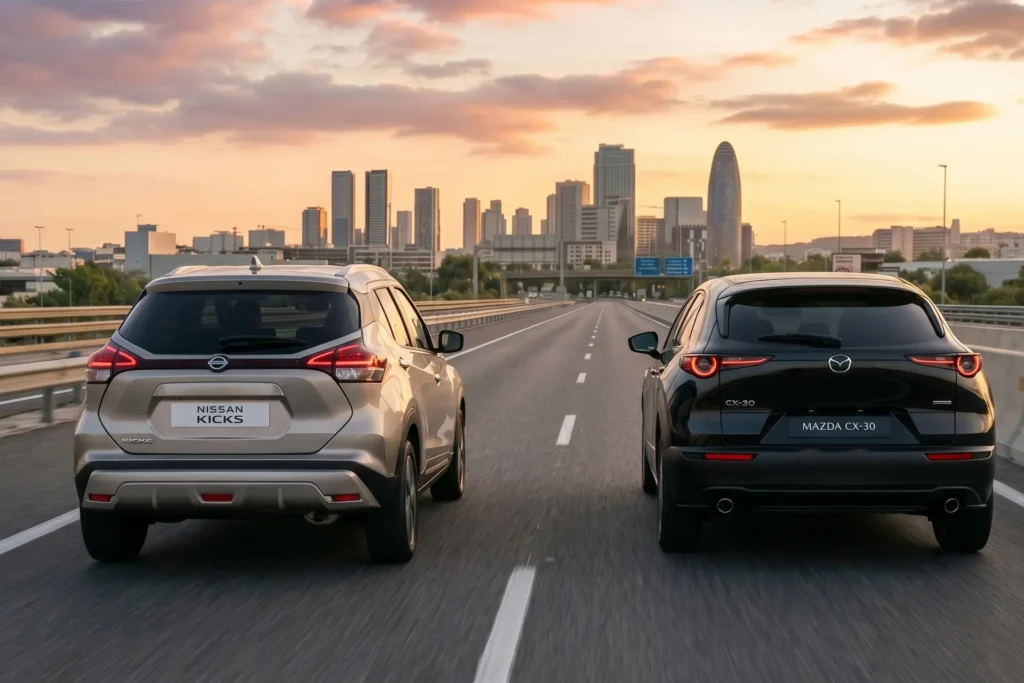 Mazda CX-3 y Nissan Kicks en autopista vista trasera