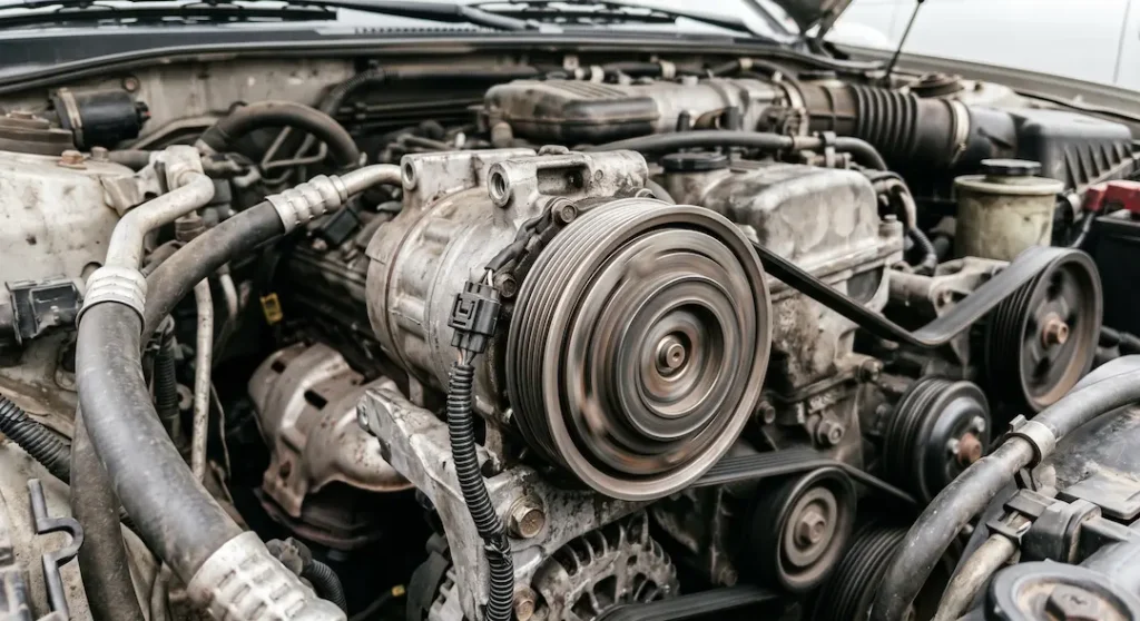 Compresor del aire acondicionado de un auto en revisión