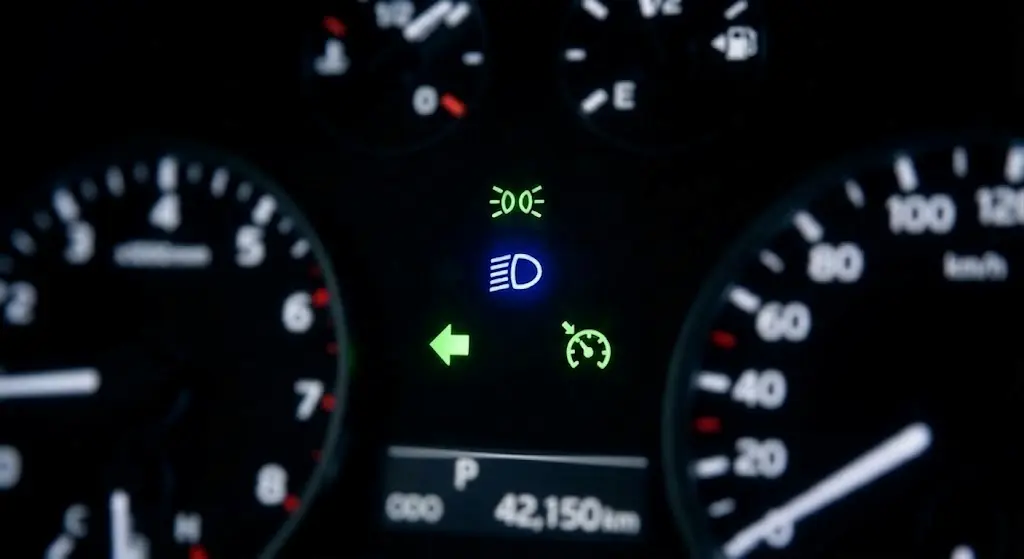 Luces verdes y azules del tablero de un auto